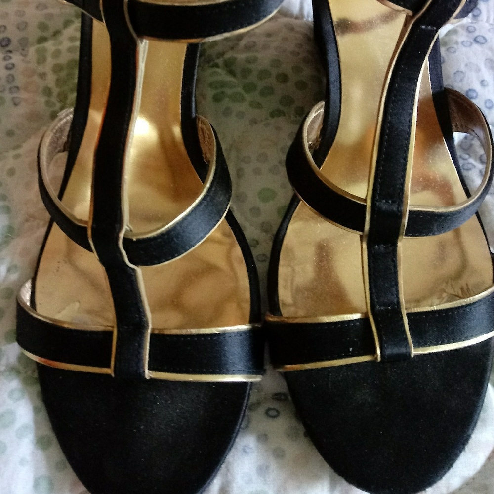 Coach, black and gold satin wedges.